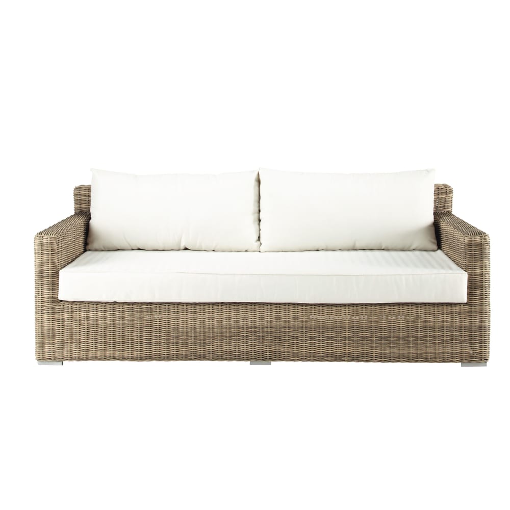 Canapé de jardin 3 places en résine tressée recyclée grise et polyester recyclé écru