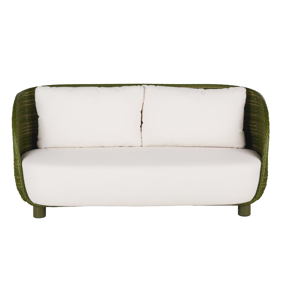 Canapé de jardin 3 places en résine tressée vert kaki et coussins en polyester recyclé beige