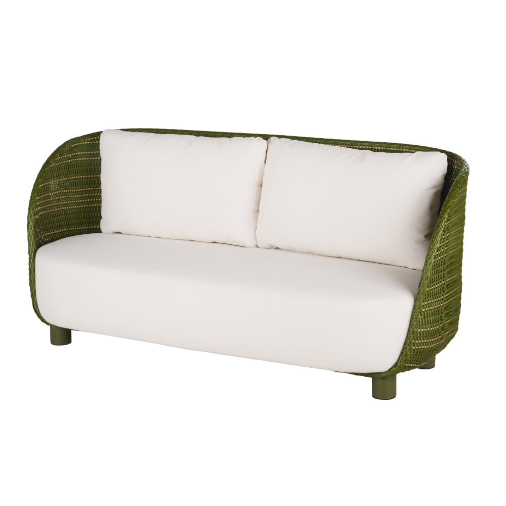 Canapé de jardin 3 places en résine tressée vert kaki et coussins en polyester recyclé beige — vue 3