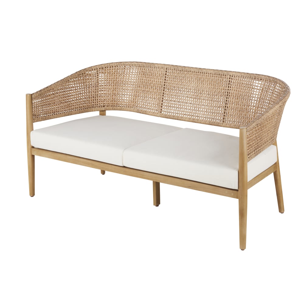 Canapé de jardin professionnel 2/3 places en résine tressée imitation rotin et coussin écru en toile recyclée, OEKO-TEX®