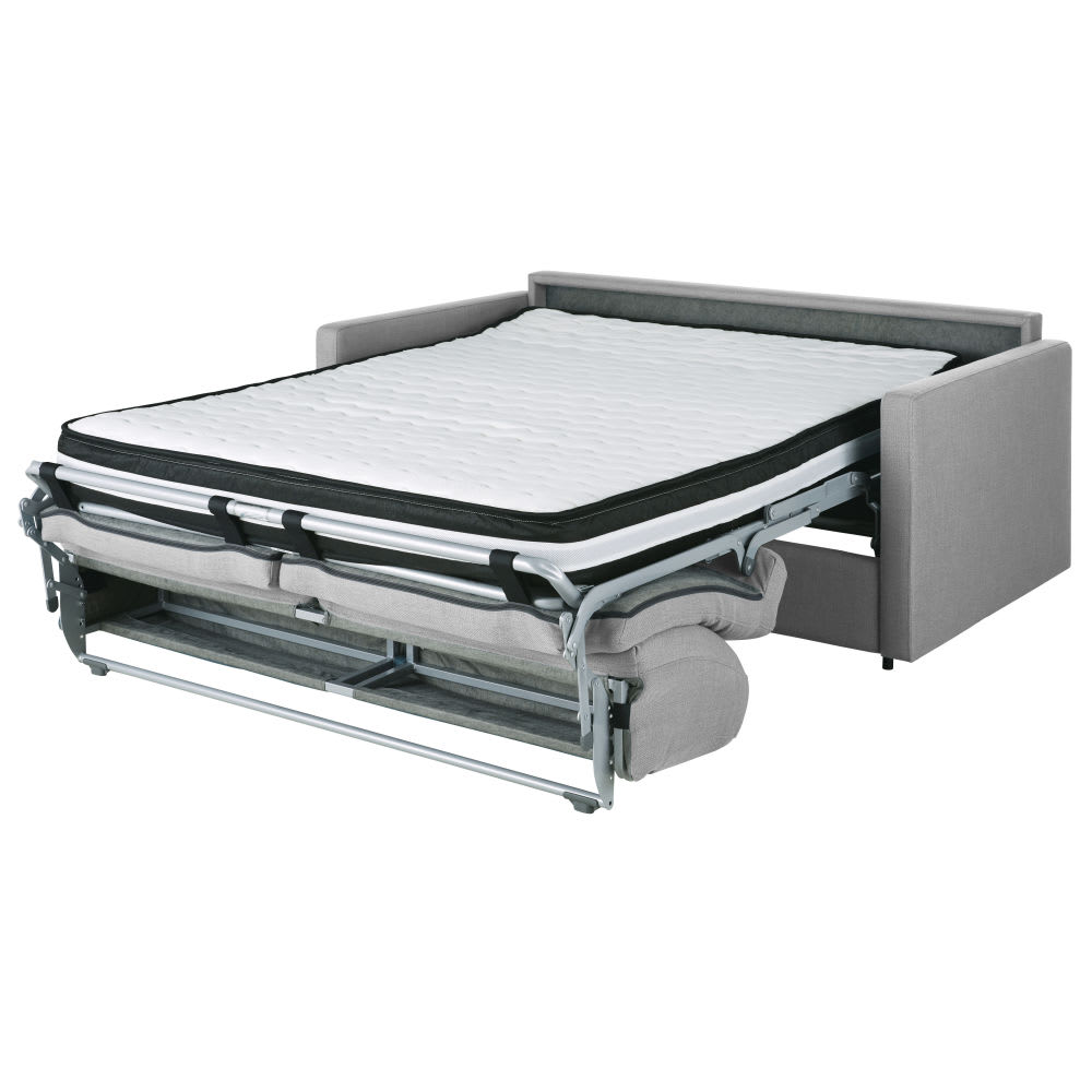 Canapé-lit professionnel 2/3 places gris clair, matelas 18 cm (coussins d'accompagnement non vendus)