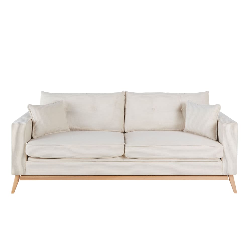 Canapé style scandinave 3 places en velours côtelé beige