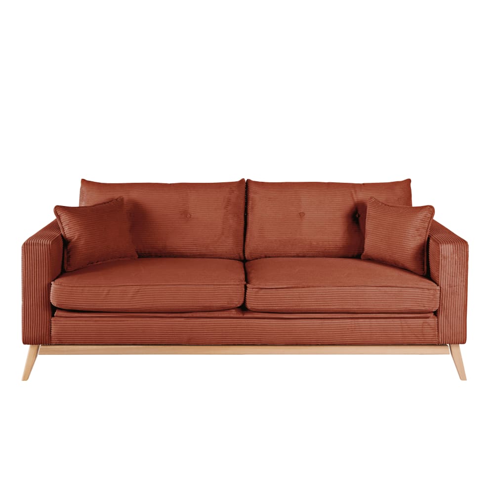 Canapé style scandinave 3 places en velours côtelé orange écureuil