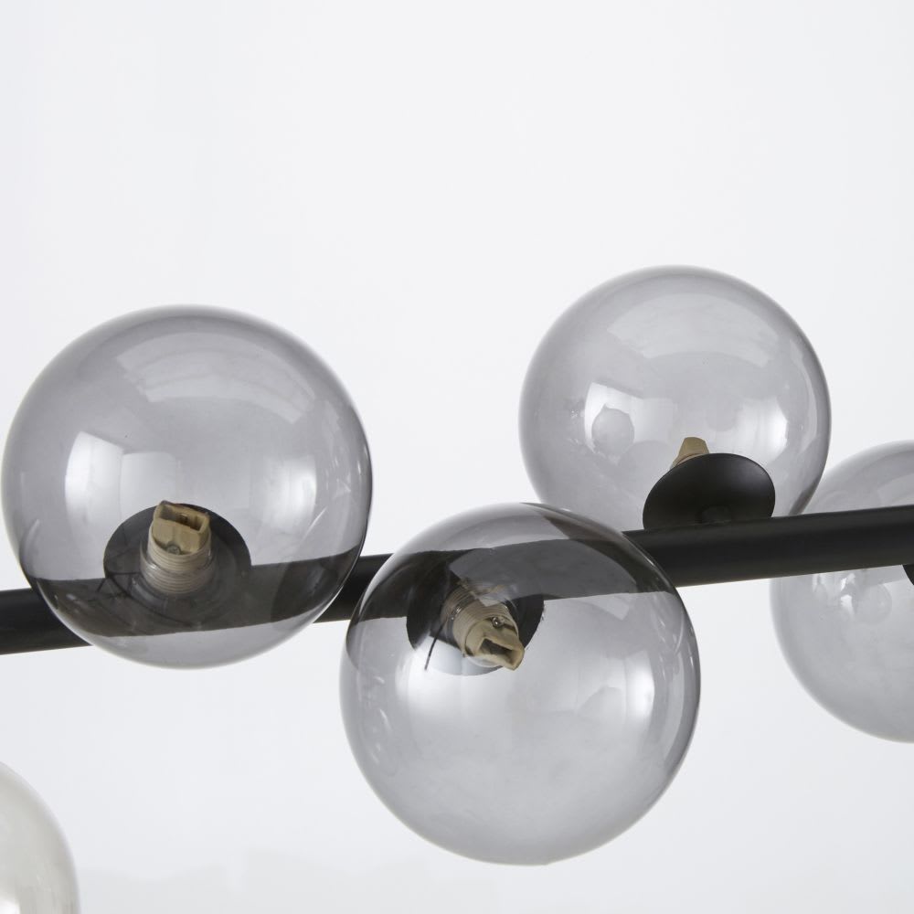 Candeeiro de teto com 14 globos em cristal fumado e metal preto -