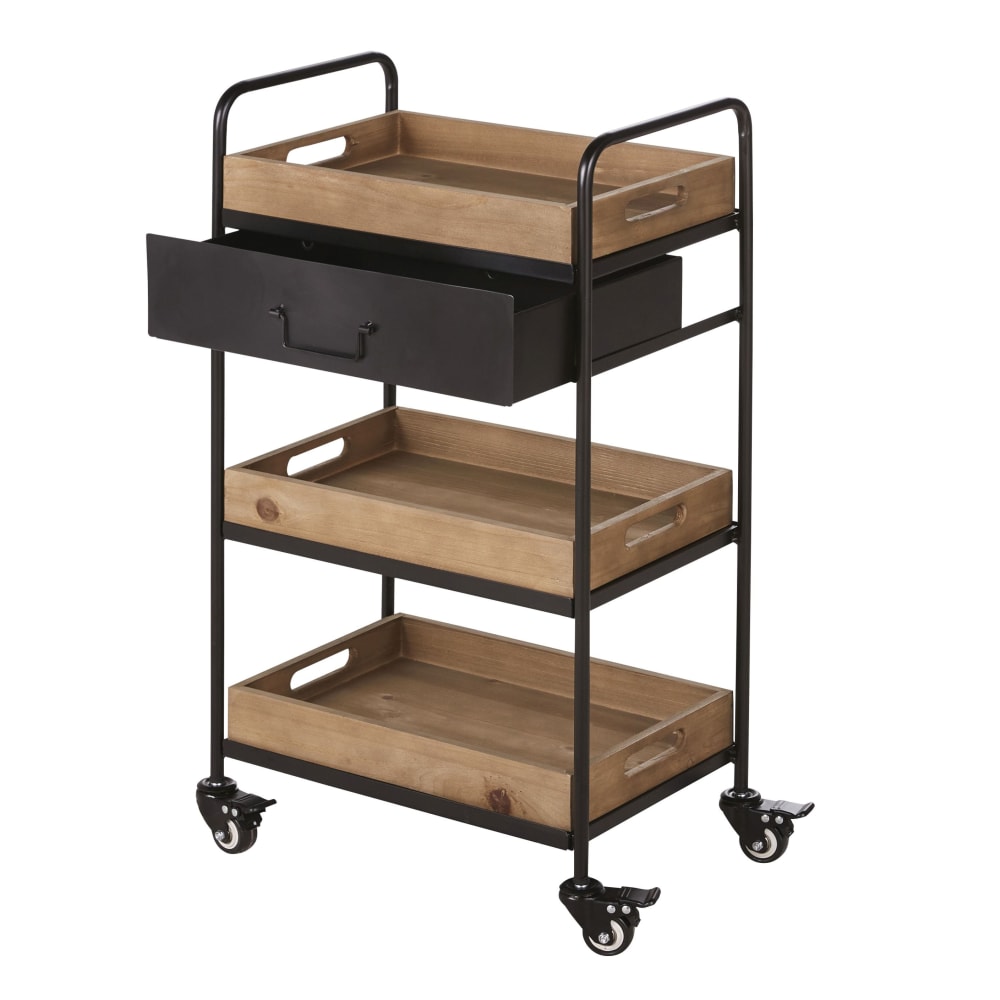 Carrello con 1 cassetto in acciaio nero, 3 ripiani in legno di