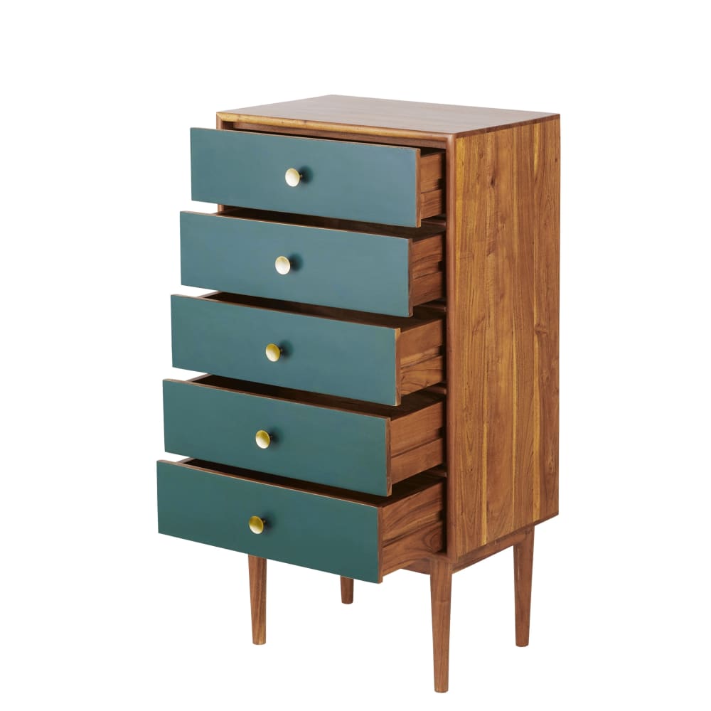 Cassettiera con 5 cassetti verde e metallo dorato - Maisons du