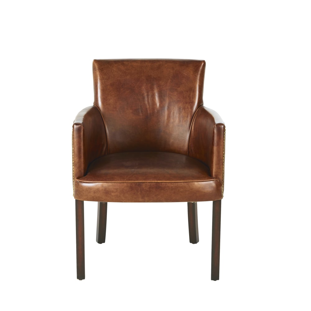 Chaise avec accoudoirs en cuir de vachette marron vieilli — vue 3
