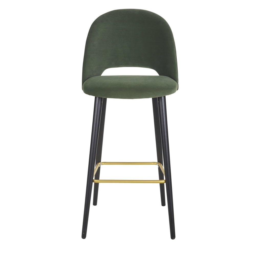 Chaise de bar en velours vert pieds en bois de frêne massif H82 - Maisons du Monde
