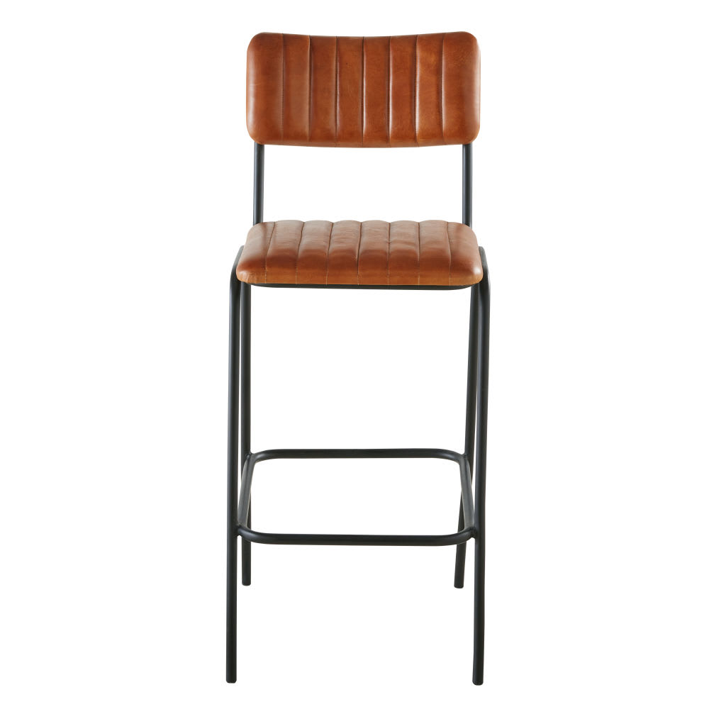 Chaise de bar matelassée en cuir de buffle marron et acier noir H69