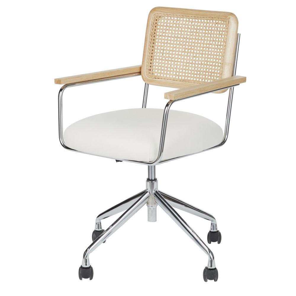 Chaise de bureau réglable à roulettes écrue et cannage en rotin