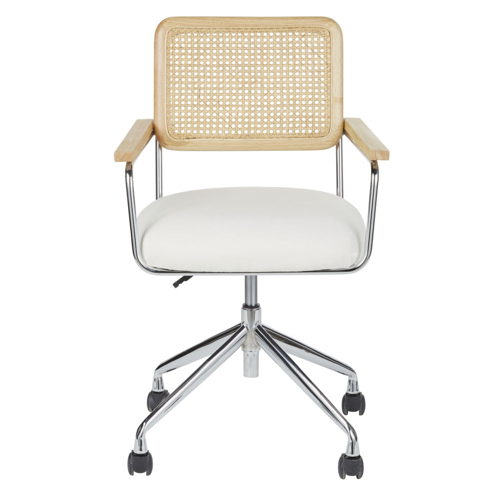 Chaise de bureau réglable à roulettes écrue et cannage en rotin