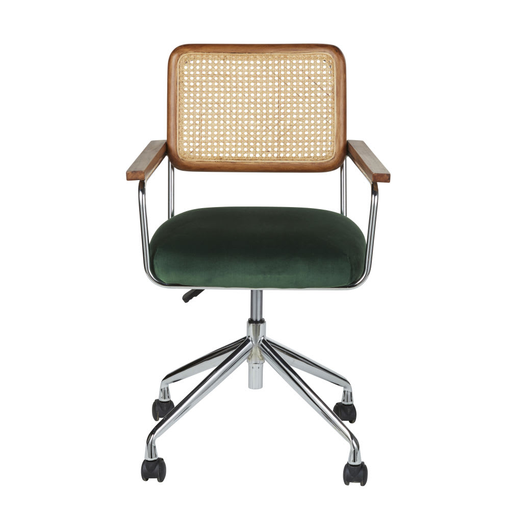 Chaise de bureau réglable à roulettes en velours vert et cannage en rotin