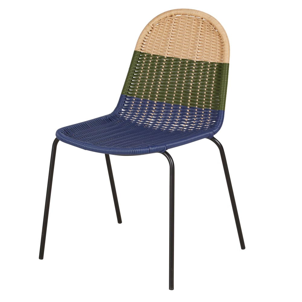 Chaise de jardin en acier noir et résine vert kaki, beige et bleue