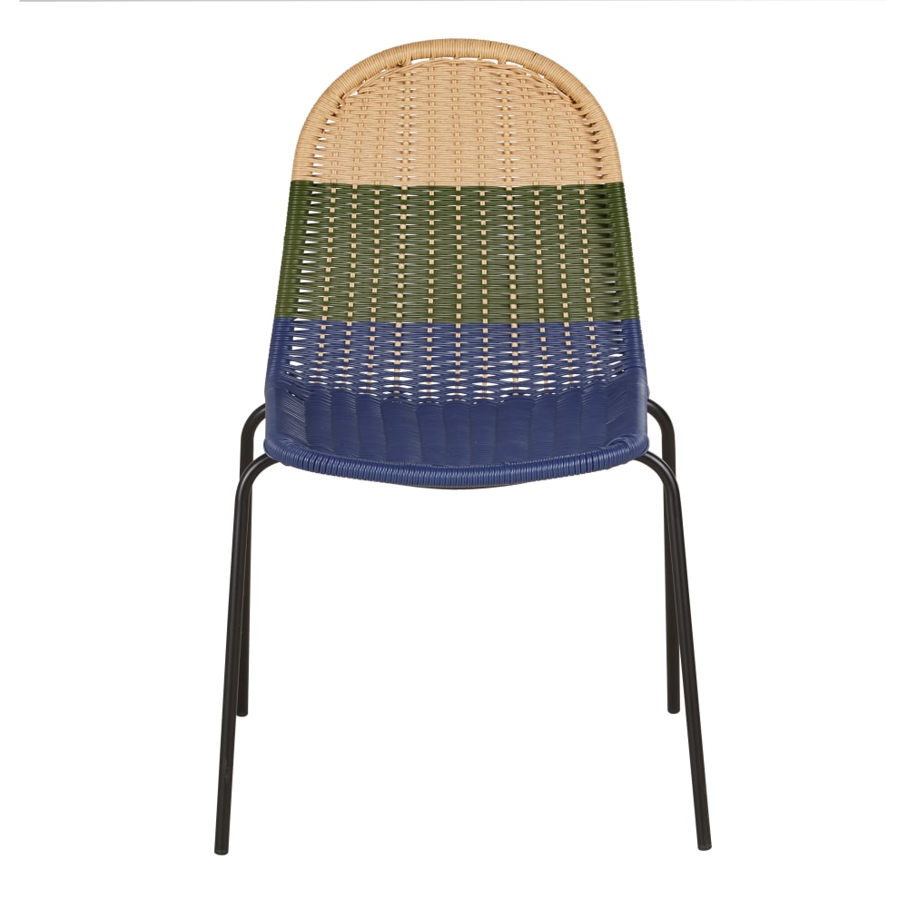 Chaise de jardin en acier noir et résine vert kaki, beige et bleue