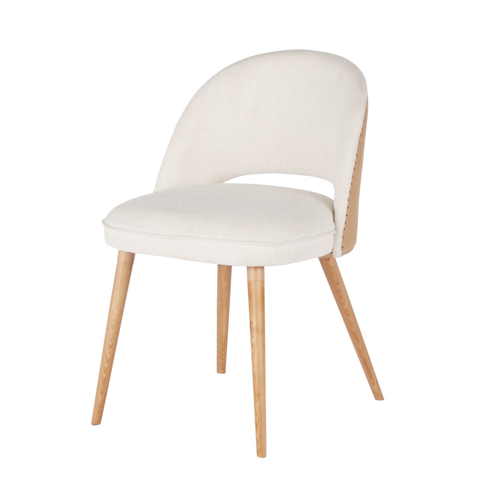 Chaise en tissu polyester et lin beige, jute et pieds en bois de frêne