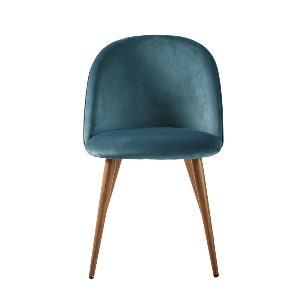Chaise vintage en velours bleu paon et acier imitation chêne — vue 3