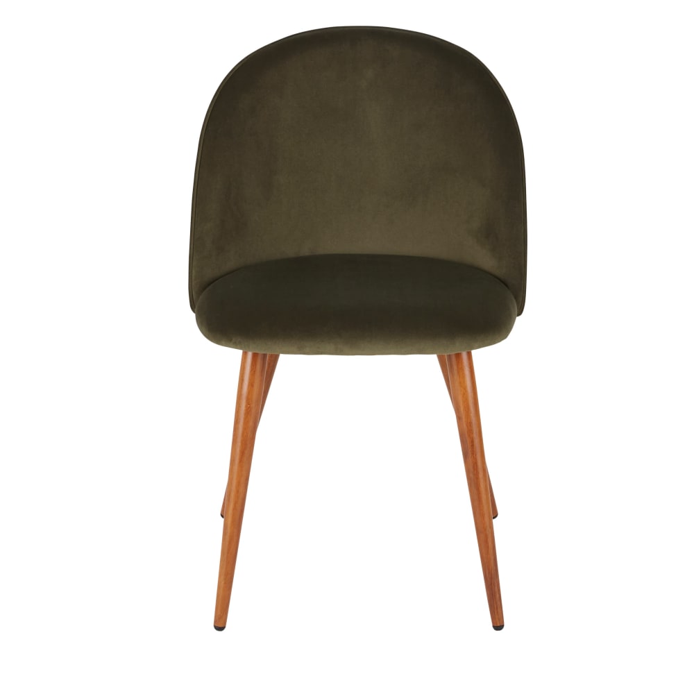 Chaise vintage en velours recyclé vert kaki et acier imitation chêne foncé — vue 3