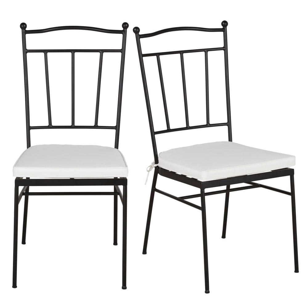 Chaises de jardin en acier noir et coussins en polyester recyclé blanc cassé (x2)