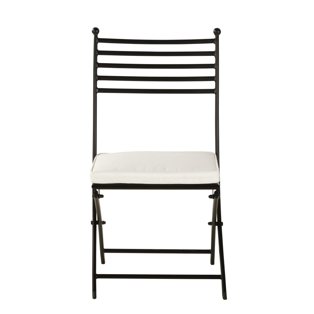 Chaises de jardin pliantes en acier noir et coussins blanc cassé (x2)