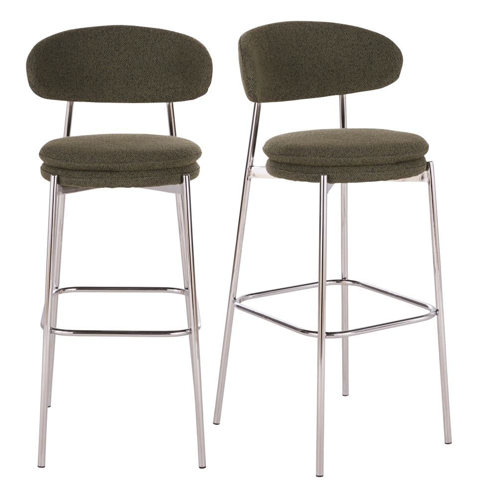 Chaises hautes de bar en acier chromé et bouclettes vert kaki (x2) H78