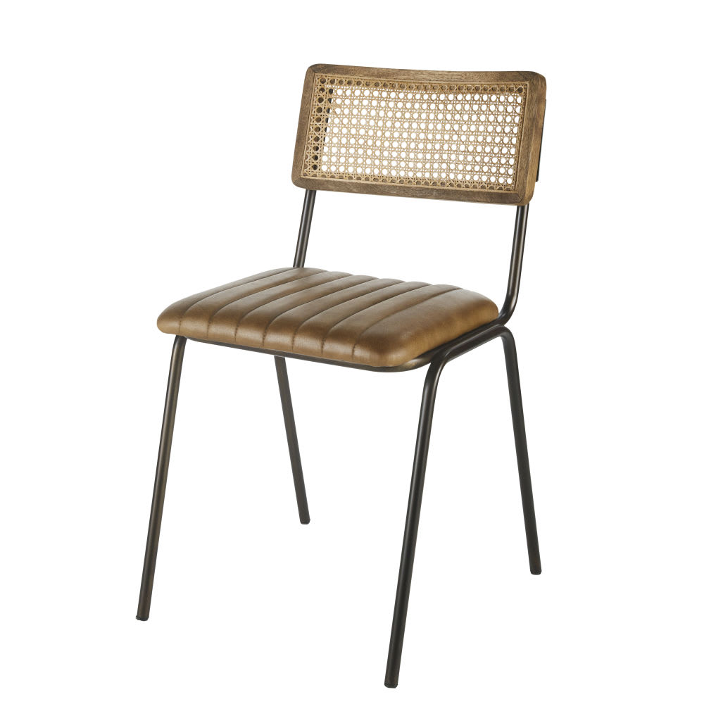 Chaises professionnelles en cuir de buffle marron, cannage en rotin et acier noir (x2)