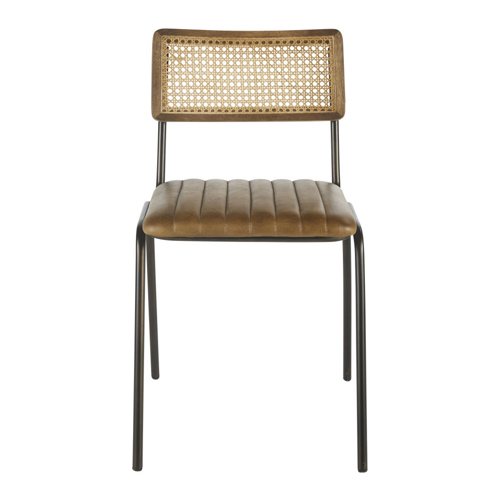 Chaises professionnelles en cuir de buffle marron, cannage en rotin et acier noir (x2) — vue 4