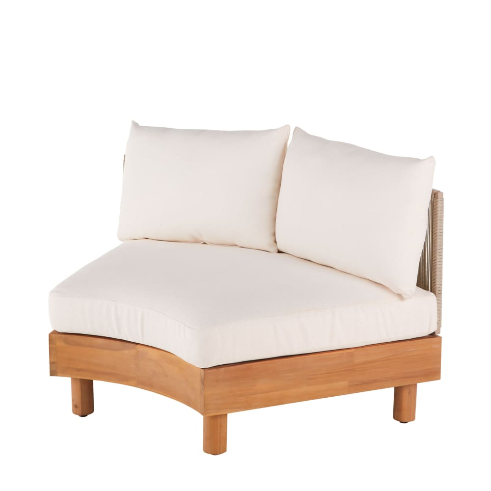 Chauffeuse de canapé modulable professionnelle en bois de teck, corde beige et coussins écrus