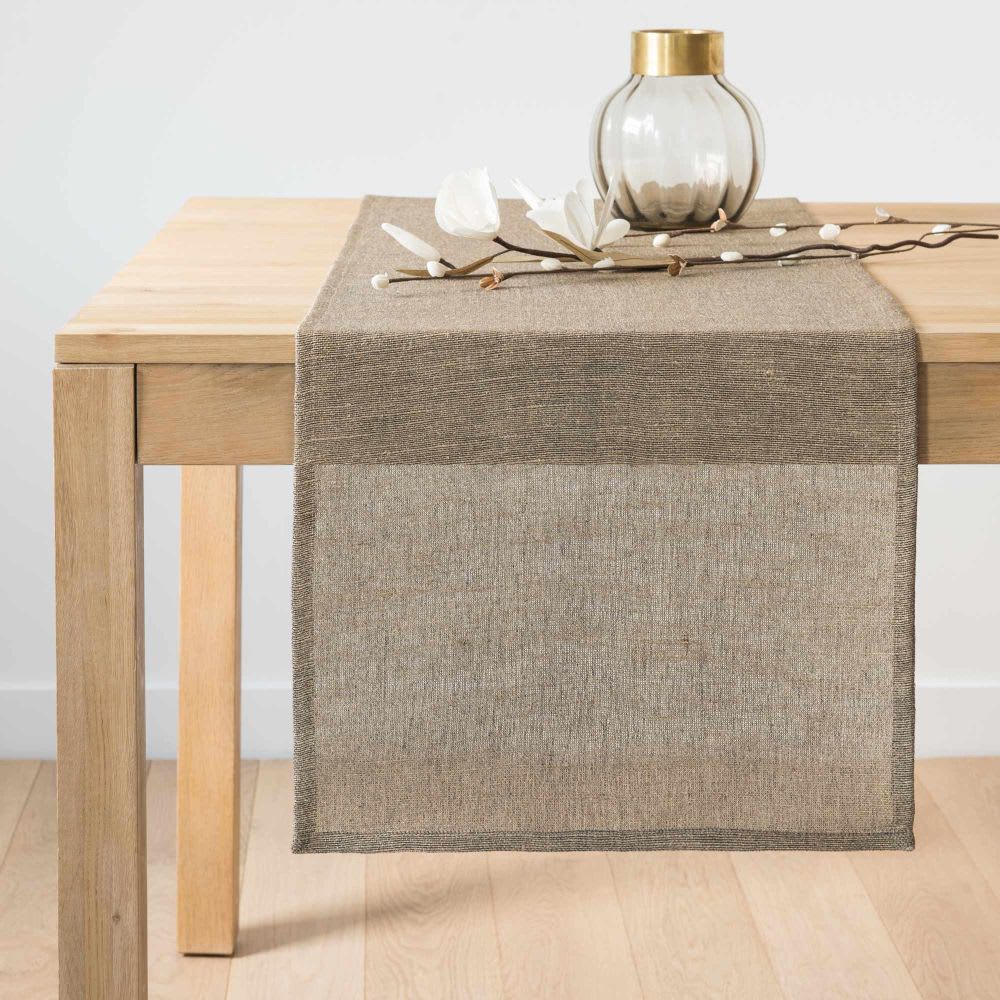 Chemin de table en coton beige paillettes dorées 45x150
