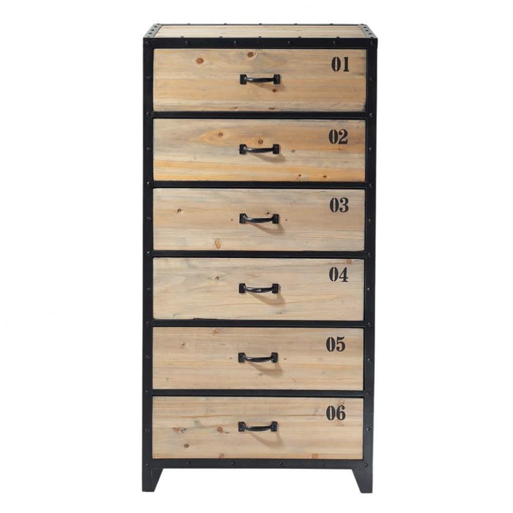Chiffonnier industriel 6 tiroirs en métal noir et bois de sapin — Beyit