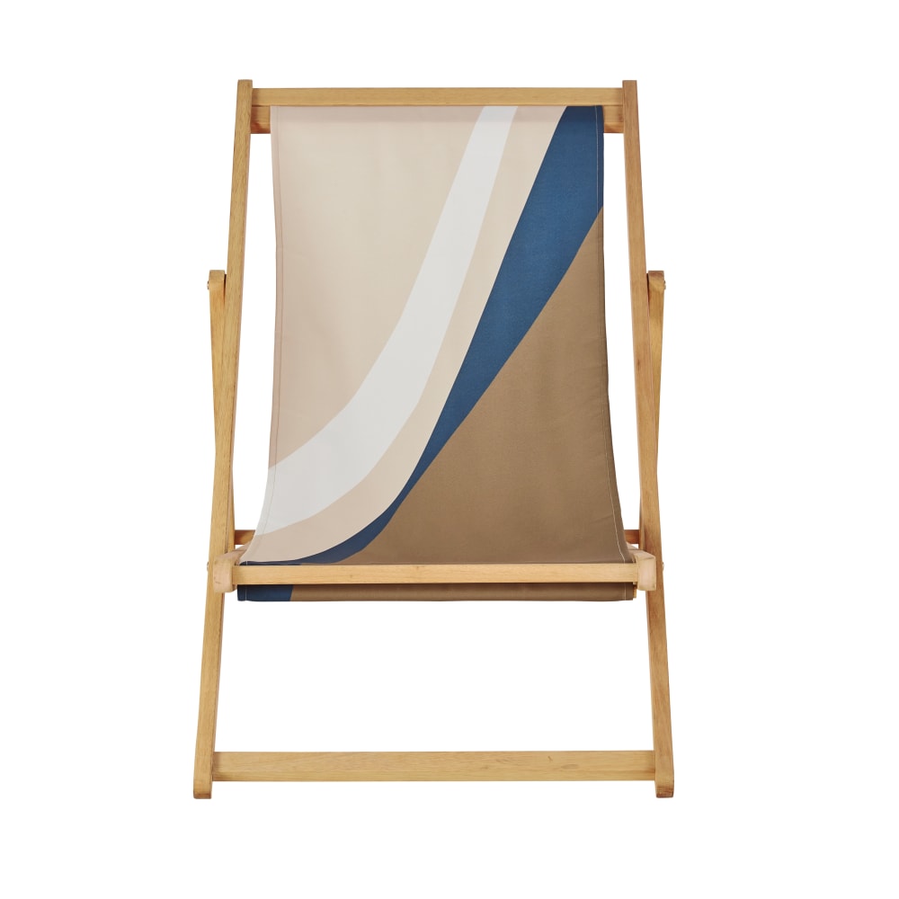 Chilienne en bois d'eucalyptus et toile en polyester recyclé beige, bleu et vert kaki