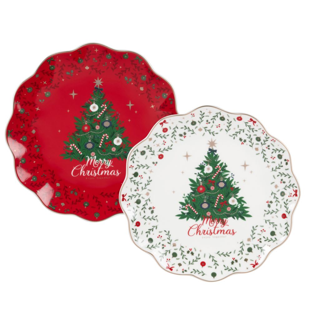 Coffret assiettes à dessert en céramique (x4) motifs Noël beiges, verts, rouges et dorés Coffret assiettes à dessert en céramique (x4) motifs Noël beiges, verts, rouges et dorés