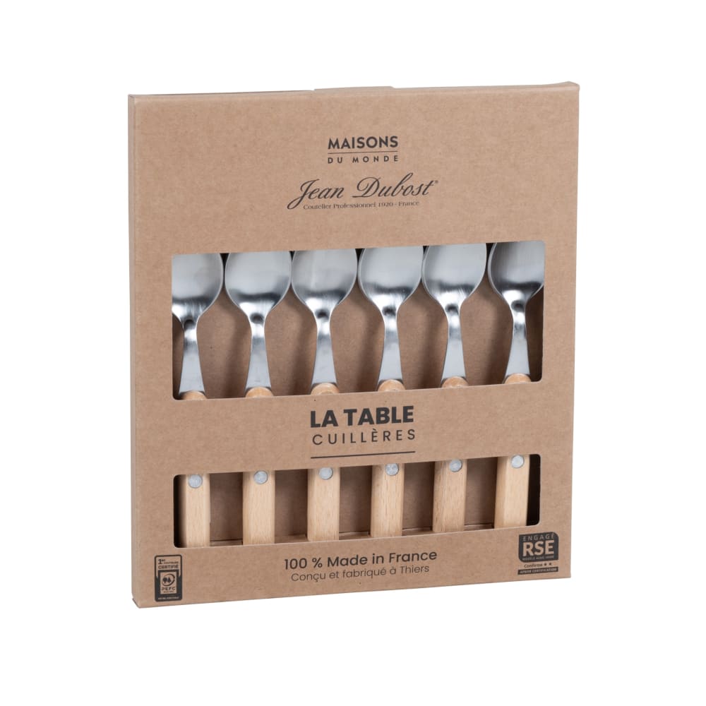 Coffret cuillères à dessert (x6) en inox et bois de hêtre Coffret cuillères à dessert (x6) en inox et bois de hêtre