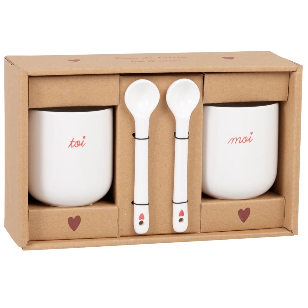 Coffret tasses en céramique blanche avec inscriptions rouges (x2) et cuillères