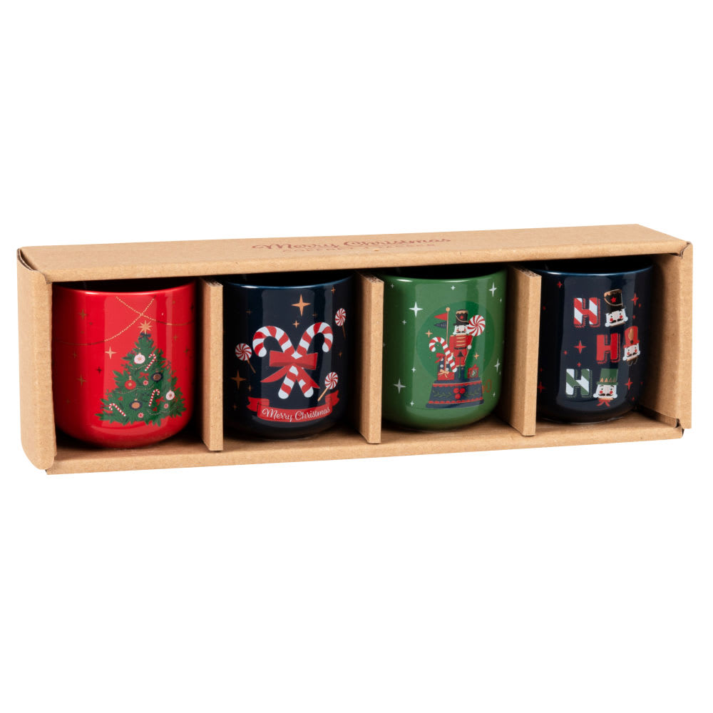 Coffret tasses en céramique (x4) motifs Noël noirs, verts, rouges et dorés