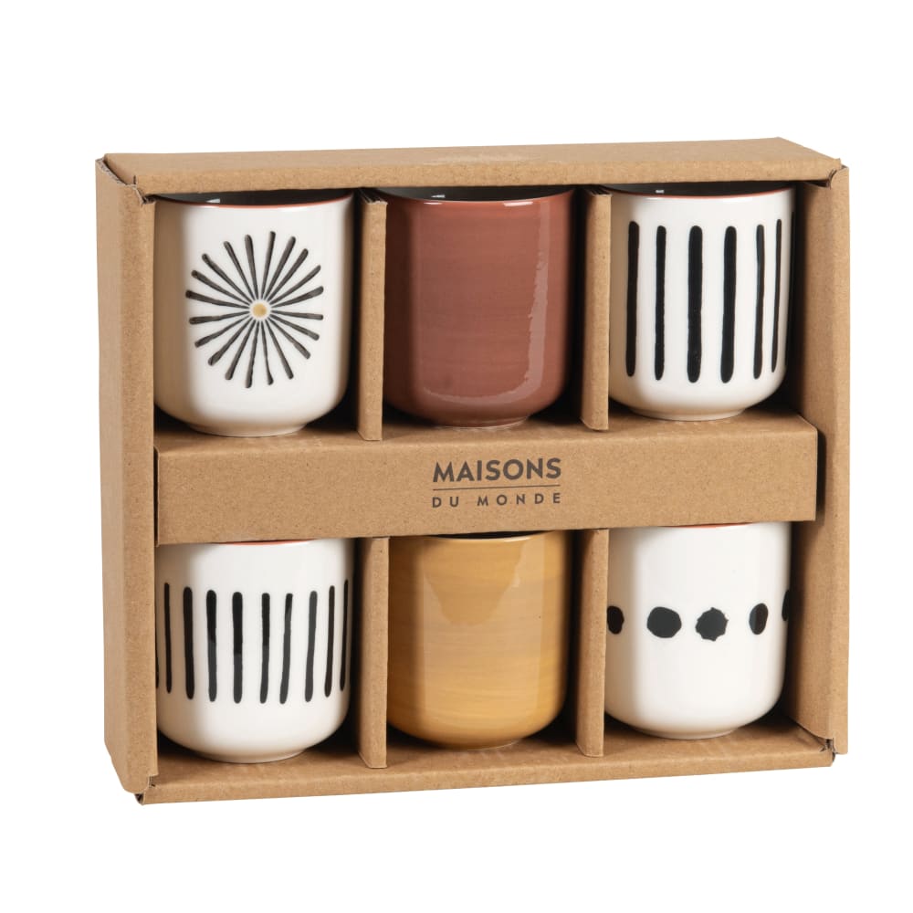 Coffret tasses (x6) en céramique motifs noirs, ocre et marron Coffret tasses (x6) en céramique motifs noirs, ocre et marron