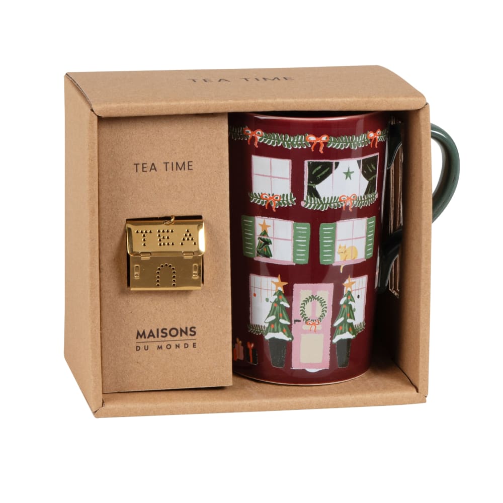 Coffret tisanière en céramique imprimé maison de Noël multicolore et boule à thé maison en inox