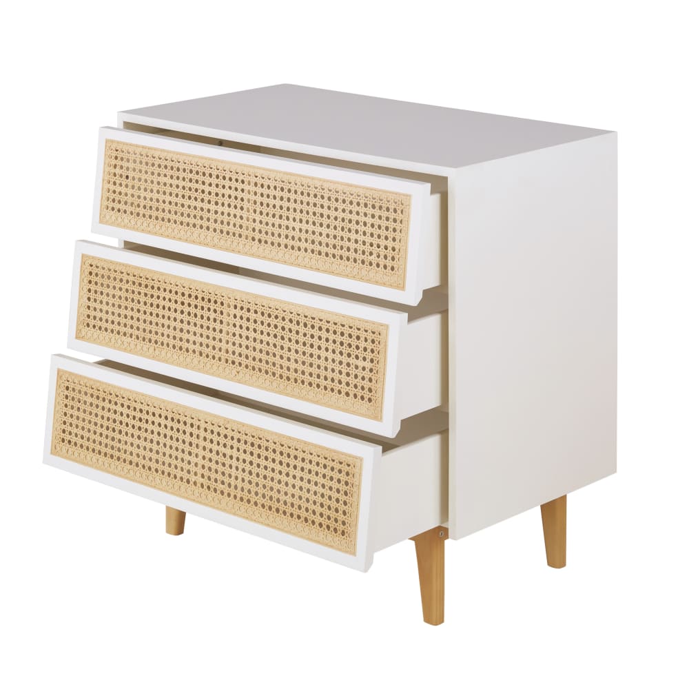 Commode 3 tiroirs blanche cannage en rotin L80