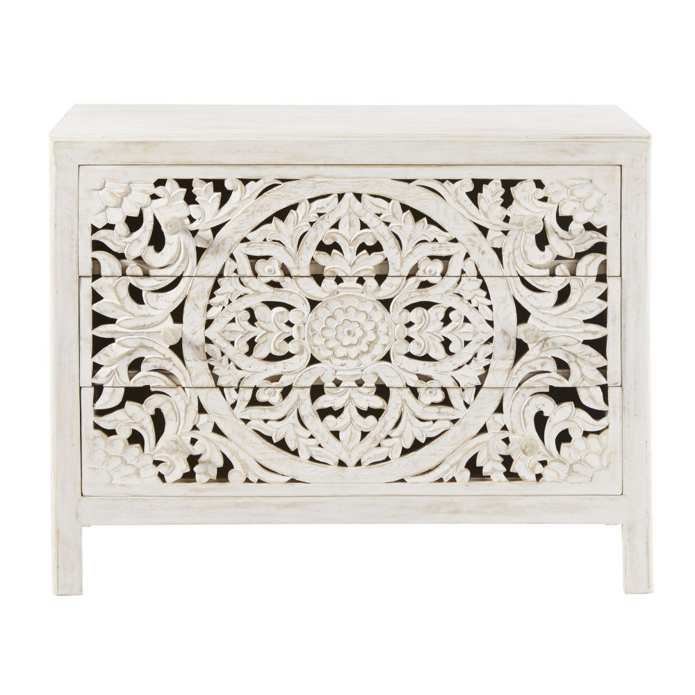 Commode 3 tiroirs en manguier massif sculpté blanc L100