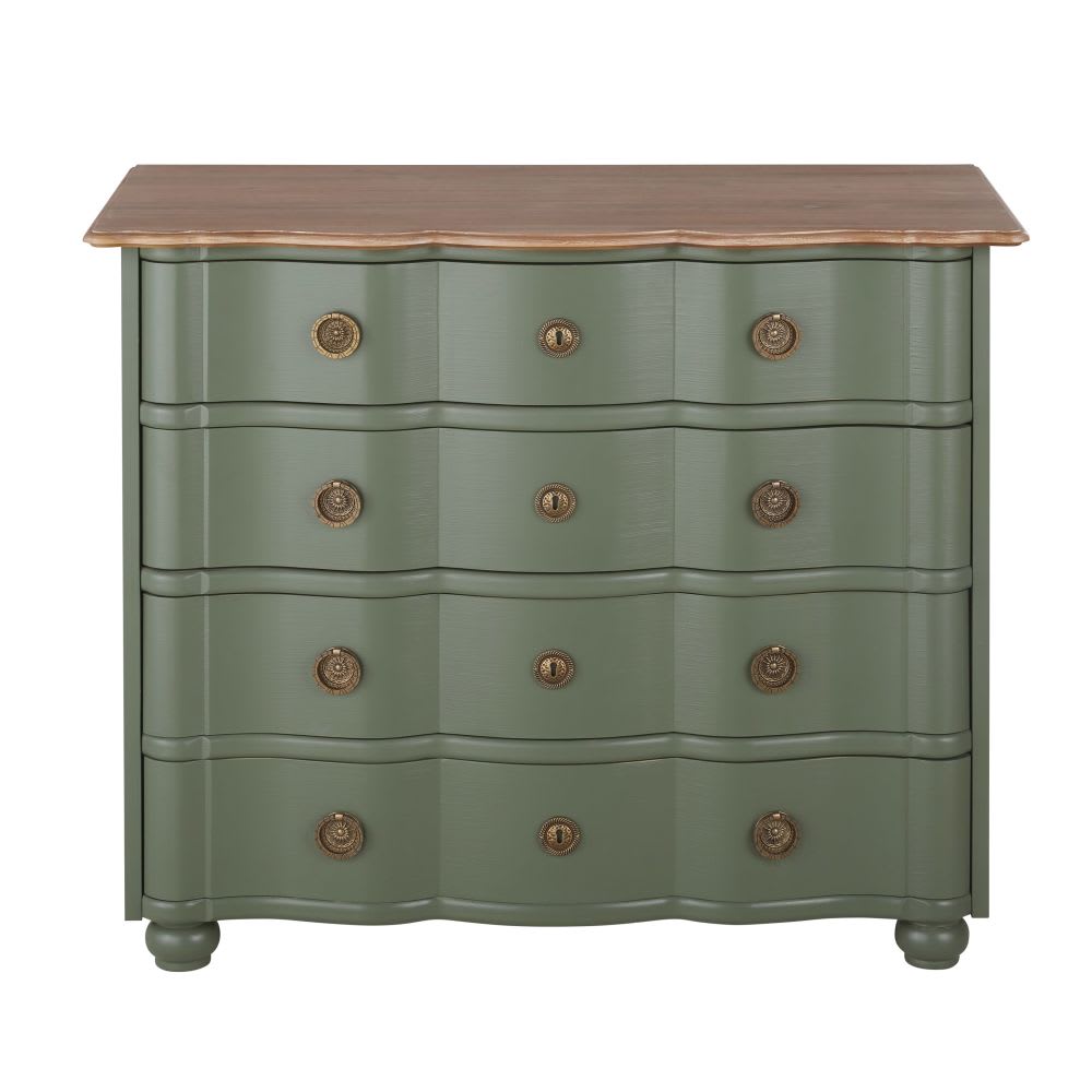 Commode 4 tiroirs vert kaki et métal doré L100
