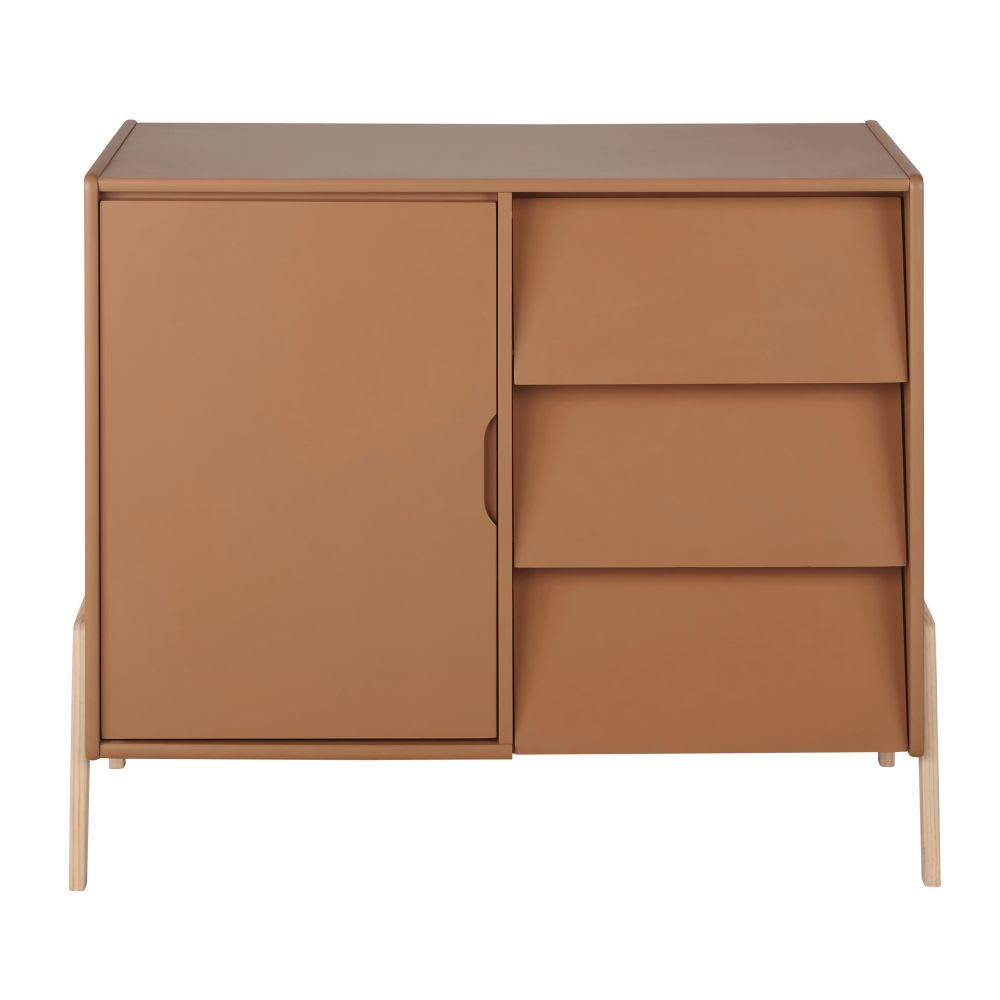 Commode double compatible plan à langer 1 porte 3 tiroirs marron caramel L87