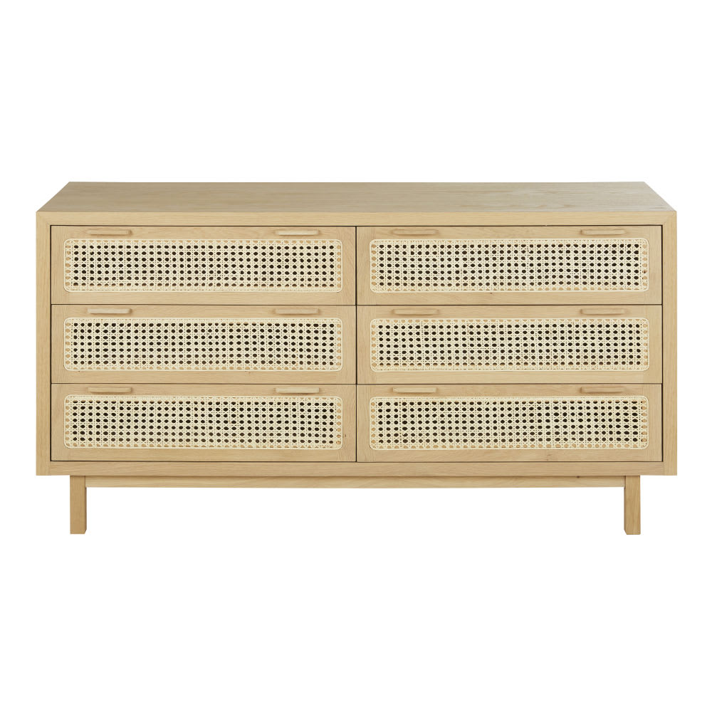 Commode double en placage chêne et cannage en rotin, L150 cm