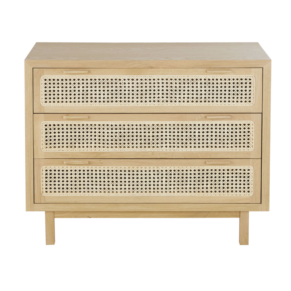 Commode en placage chêne et cannage en rotin, L100 cm