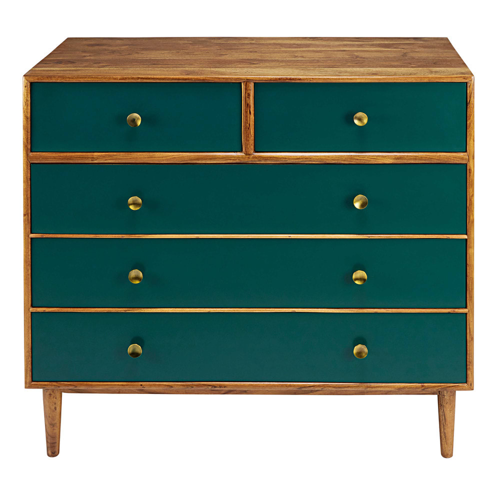 Commode haute 5 tiroirs en acacia massif vert L100