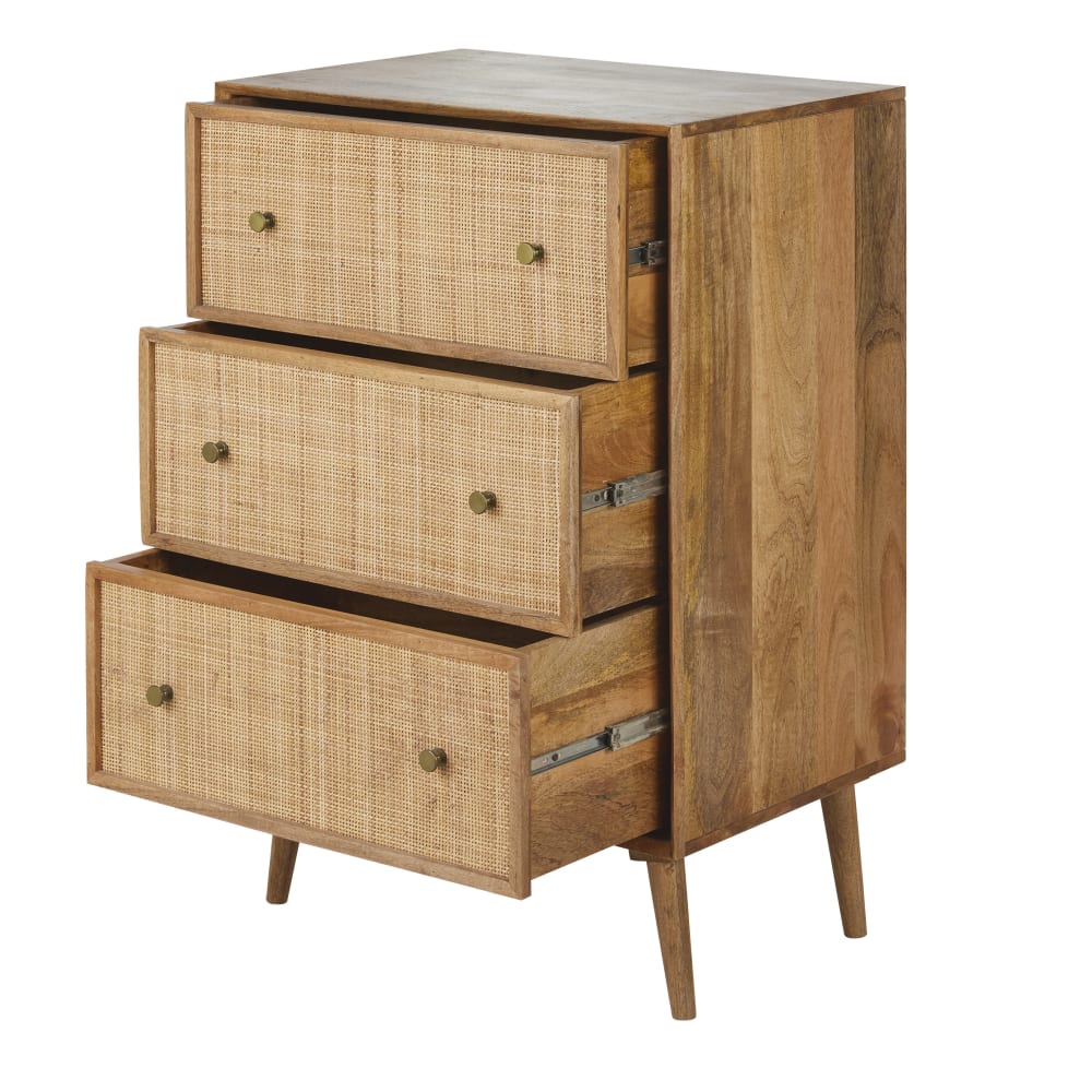 Commode haute vintage 3 tiroirs en bois de manguier et bambou L65 — vue 3