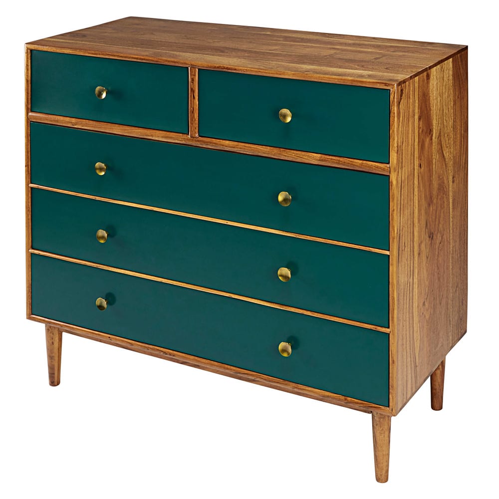 Comò 5 cassetti verde in legno massello di acacia lung. 100 cm -