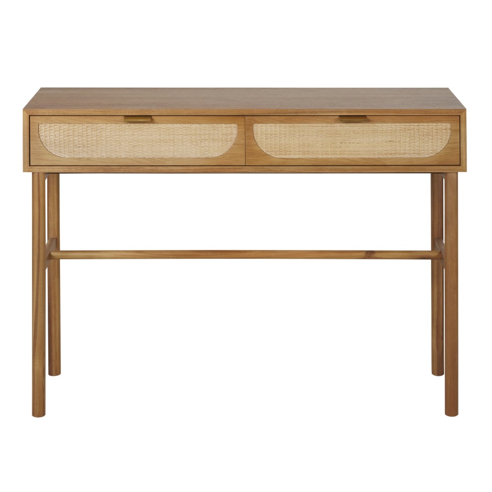 Console 2 tiroirs coloris noisette et rotin tressé