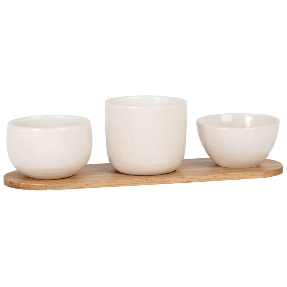 Coupelles apéritives en céramique blanche (x3) plateau en bois d'acacia