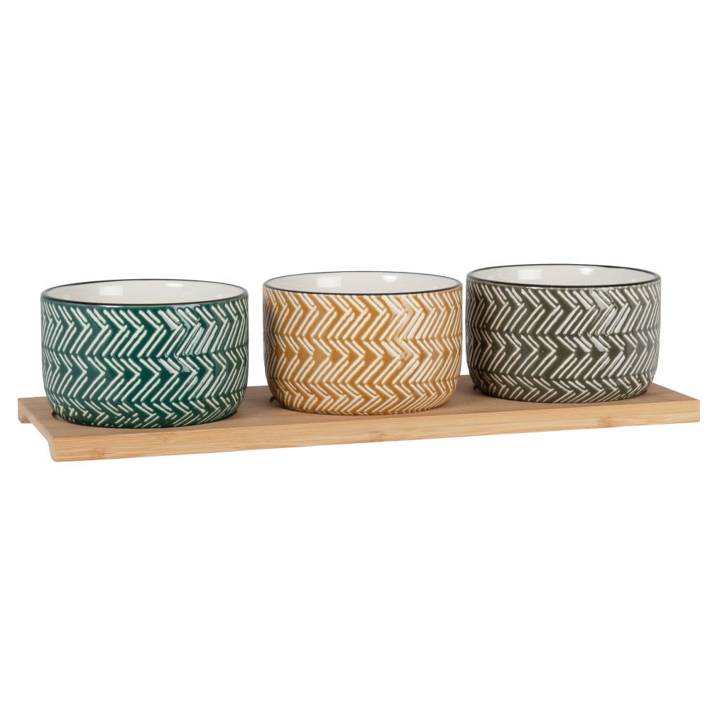 Coupelles apéritives en céramique motifs graphiques multicolores (x3) et plateau en bambou