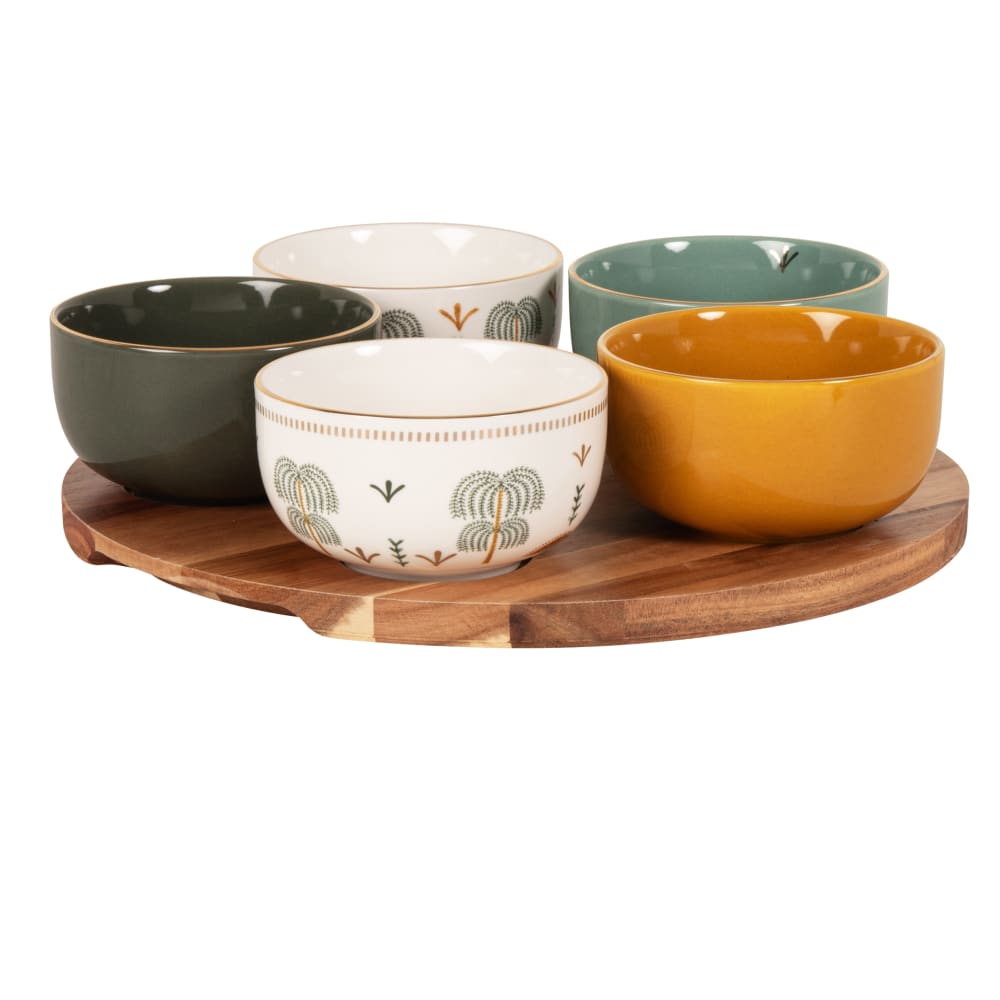 Coupelles apéritives en céramique multicolore (x5) plateau en bois d'acacia Coupelles apéritives en céramique multicolore (x5) plateau en bois d'acacia