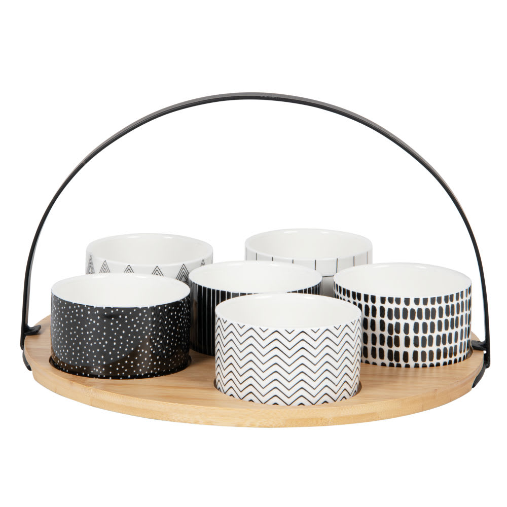 Coupelles apéritives en céramique noire et blanche (x6) et plateau en bambou - Maisons du Monde